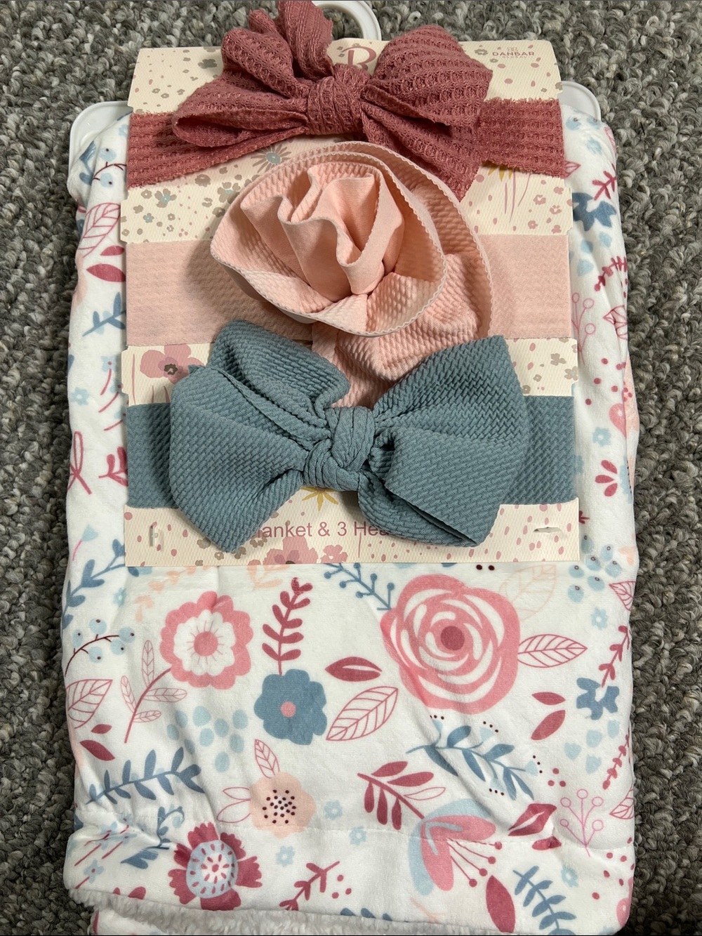 Floral Baby Blanket with 3 Knotted Headbands - Pink, Dusty Rose & Blue Gray